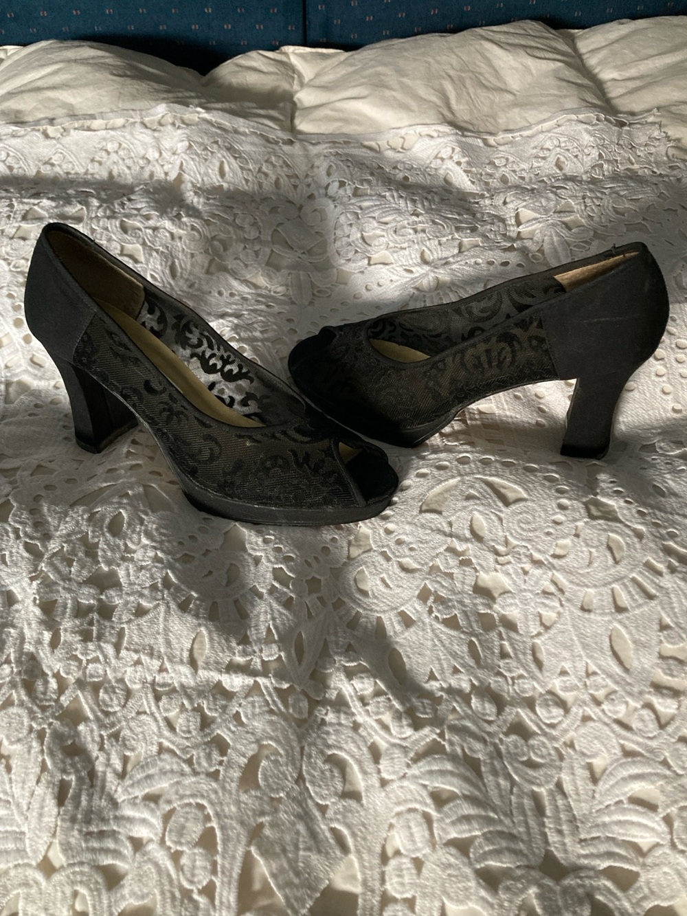 Ann Marino Black Lace Peep-Toe Block Heels
